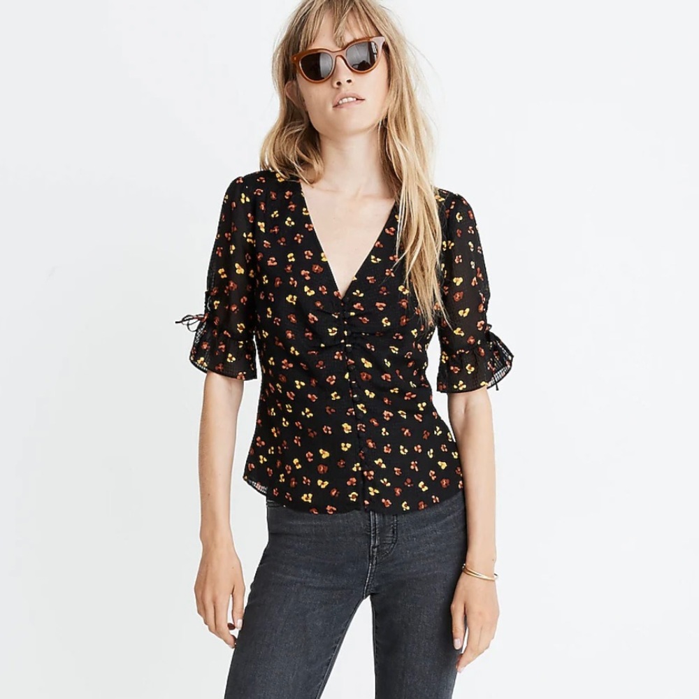Madewell Silk Daylight Tie-Sleeve Top in Feline Floral